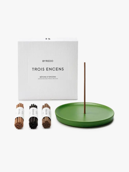 Byredo Trois Encens Incense in branded components on a light gray background